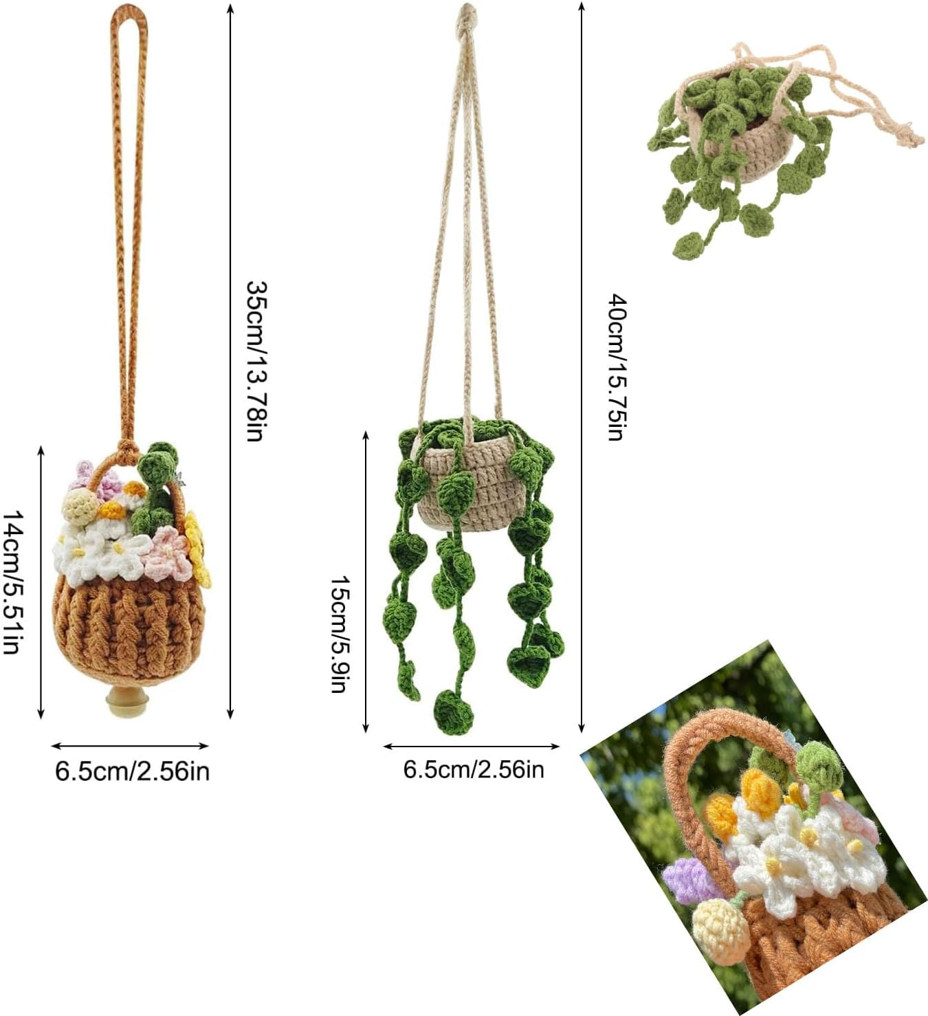 Crochet Hanging Plant for Car, 2 Pcs Car Decoration Hand Knitted Car Pendant for Women Cute Car Plant Accessories Knitted Plant Car Mirror Hanger Boho Car Plant Crochet Hanging Basket image number 4