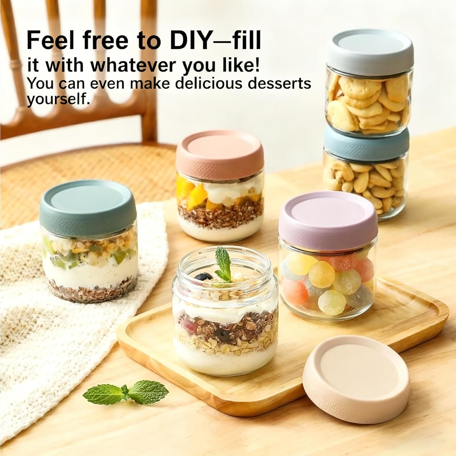 JYJOJO Small Glass Jars for Overnight Oats Salad Yogurt Pudding Cereal Candy Snacks Storage Containers Meal Prep Mason Jar with Airtight Lids,6 Pack(350 ML/12 Oz) image number 5