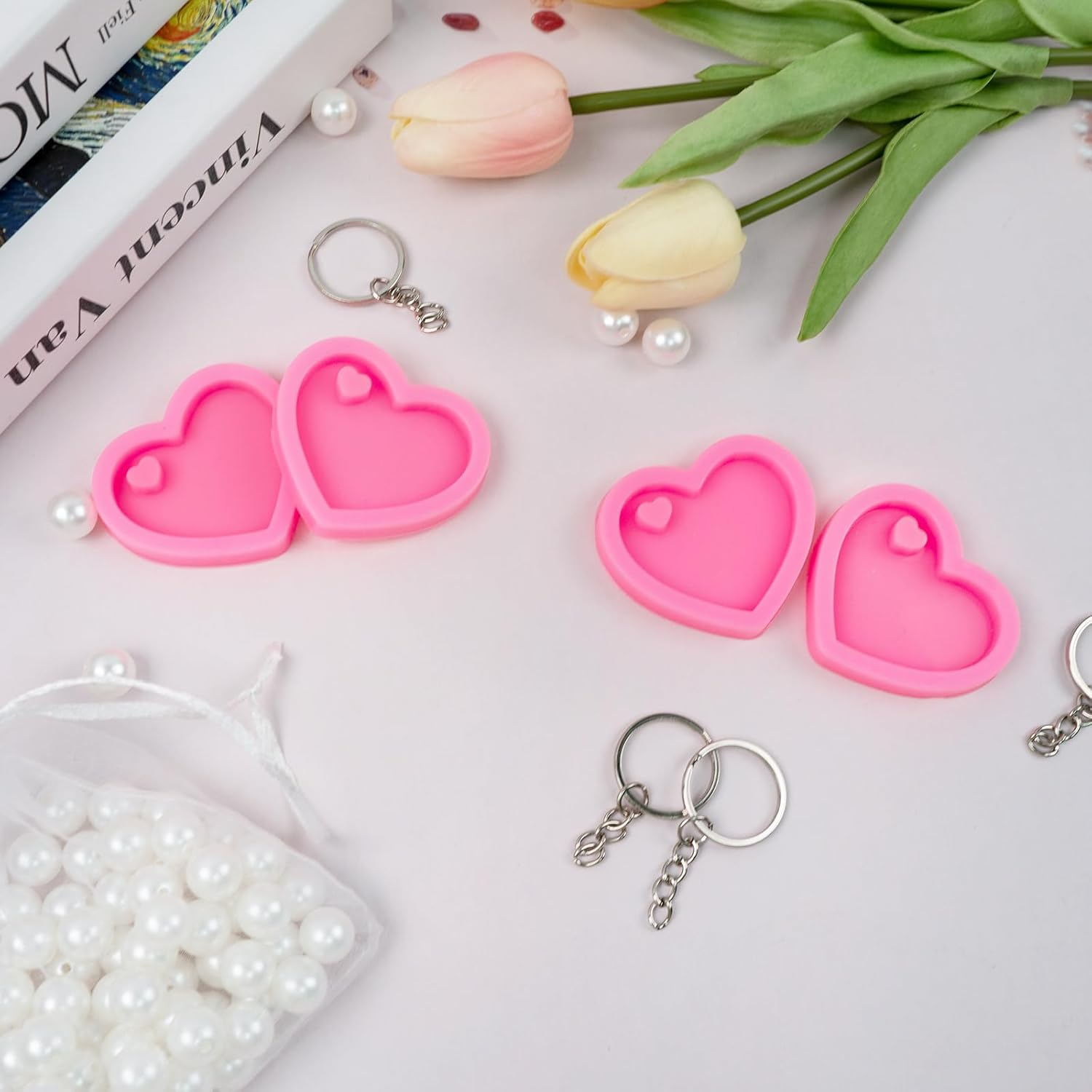 12 Pcs Heart Resin Silicone Keychain Molds with Hole, Valentine'S Day Mould, Keychain Mould Crafts Epoxy Resin with 24 Pcs Key Rings for DIY Decoration, Homemade Dessert (Pink) image number 6