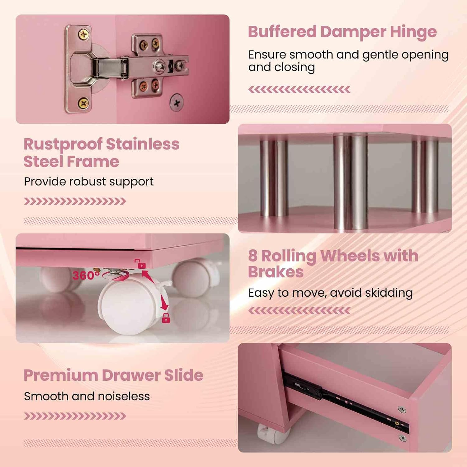 Costway Manicure Table Nail Desk W/Electric Dust Collector, 3 Dust Bags, Wrist Rest, Drawers, Movable Nail Tech Desk on 8 Lockable Wheels, Wooden Nail Art Workstation for Spa Beauty Makeup (Pink) image number 5