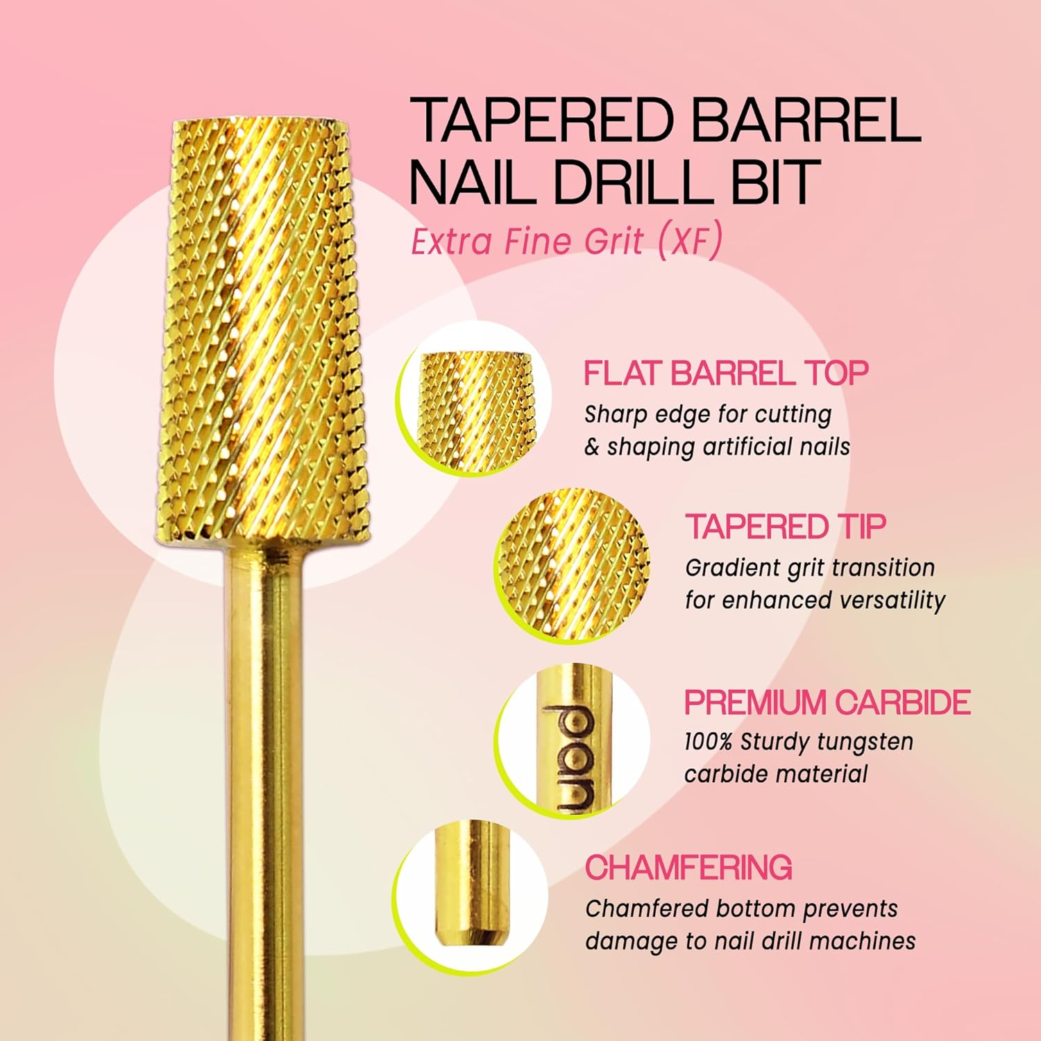 Extra Fine (Gold) : Premium Pana 3/32" Tapered Barrel Carbide Nail Bit -For Electric Dremel Drill Machine, Nail Art Design, Manicure, Pedicure, Nail File, Cuticle Clean Etc. (Extra Fine Grit image number 1