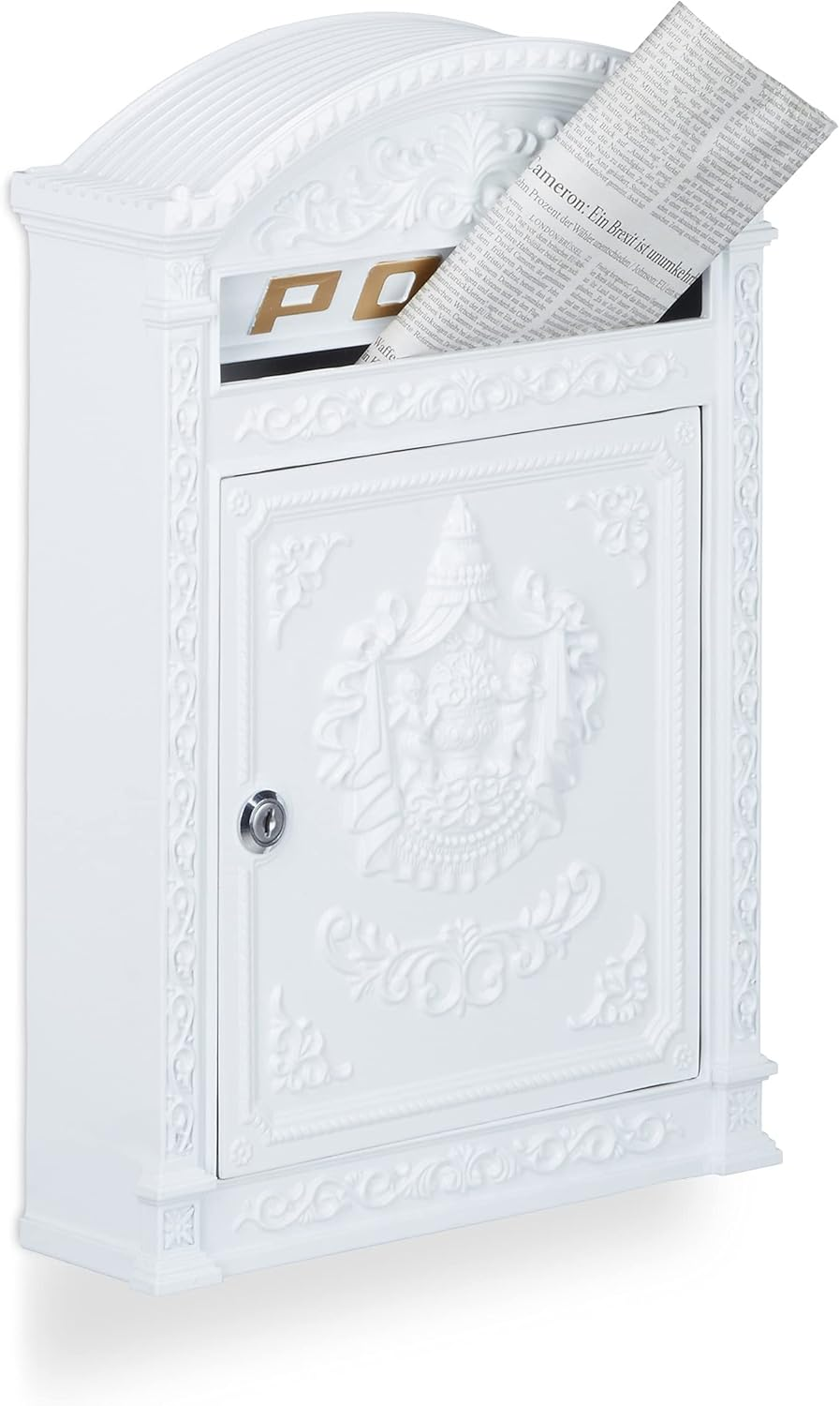 Relaxdays Antique Letterbox, 44.5 X 31 X 9.5 Cm, English-Style Wall-Mount Mailbox, Cast Aluminum, for DIN A4 Letters, with Roof, White image number 2