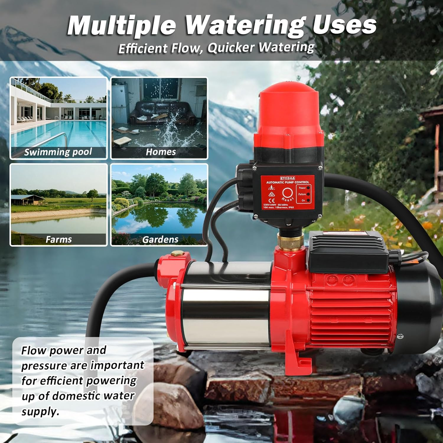 Garden Water Pump 2500W 5-Stage with Fully Automatic Pressure Controller Stainless Steel Anti-Rust Body Irrigation for Pool Pond Rain Tank Home Farm Clean Garden image number 4