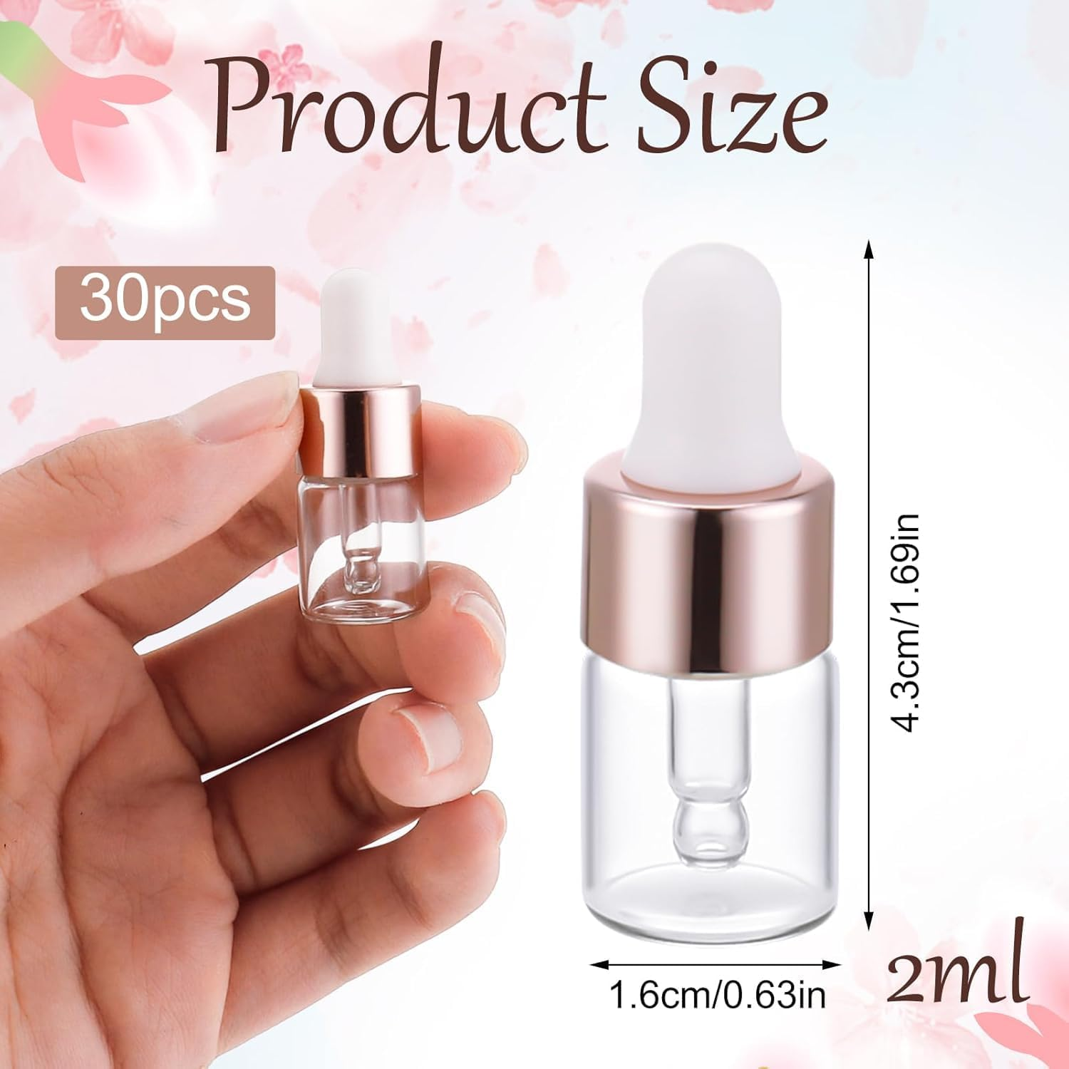 Dropper Bottle,30 Pack Mini Dropper Bottle for Cuticle Oil with 3 Dropper Pipettes, 2Ml Small Sample Essential Oil Dropper Bottles for Travel, Clear Empty Vails for Cosmetic Perfume（Rose Gold） image number 3