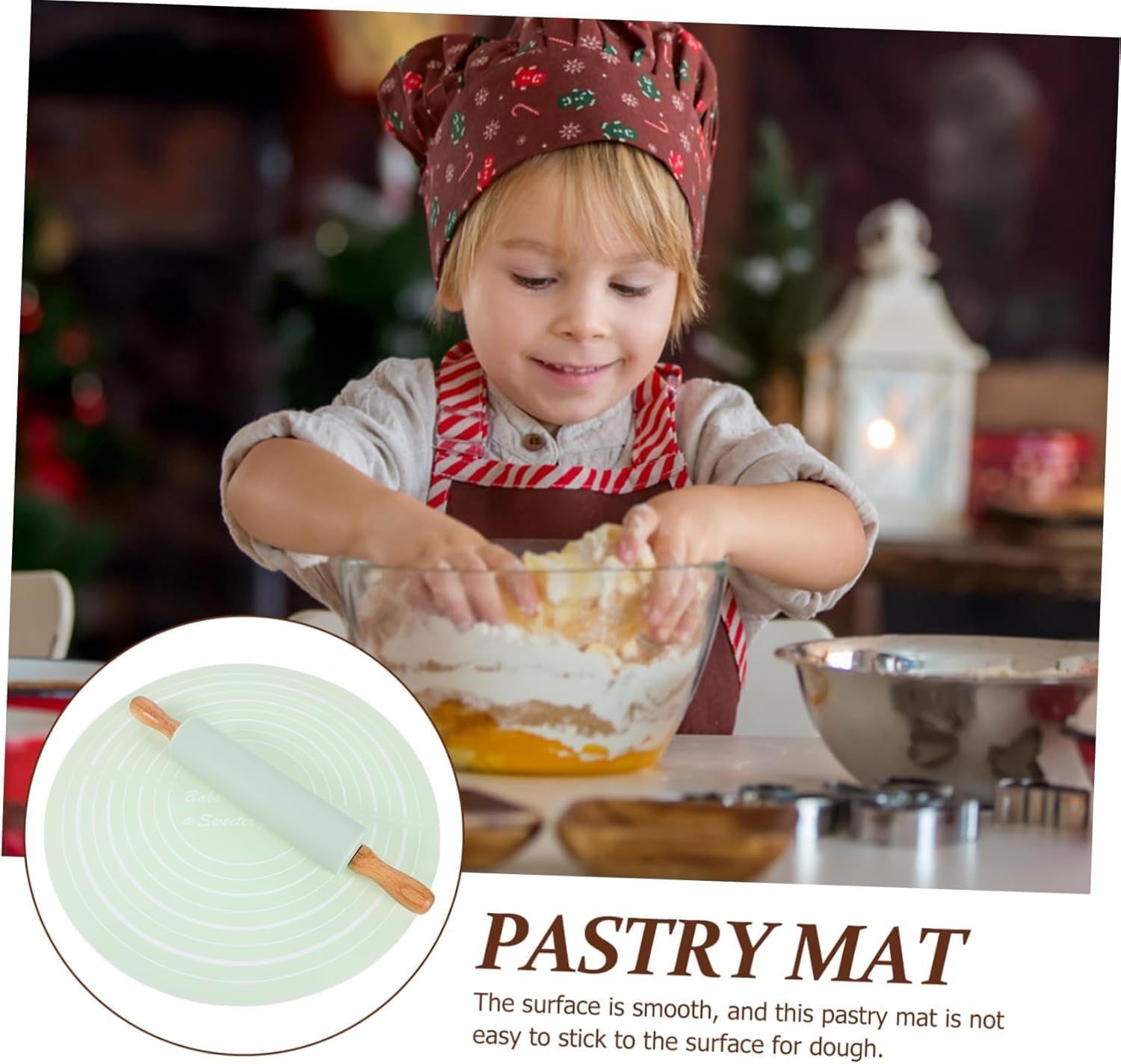 QYINXIU Rolling Pin and Silicone Baking Pastry Mat Set, Rolling Pin and Pastry Baking Mat Set for Kids, Food Grade Silicone Rolling Pin Solid Wood Handle, Kneading Pad image number 2