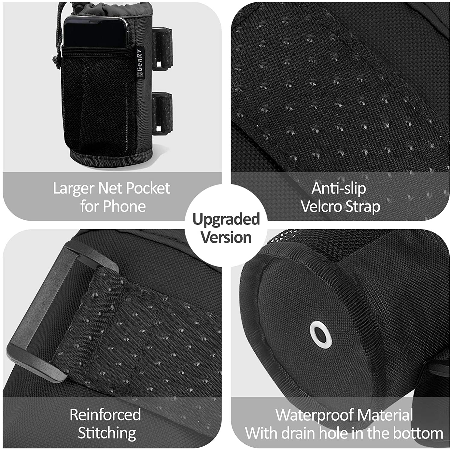 GEARV 2-Pack Bar Cup Holder for Stroller, Golf Cart and Wheelchair; Universal Cup Holders for UTV/ATV, Car, Scooter, Boat; Drink Holder Accessories with Net Pocket and Cord Lock (Black) image number 4