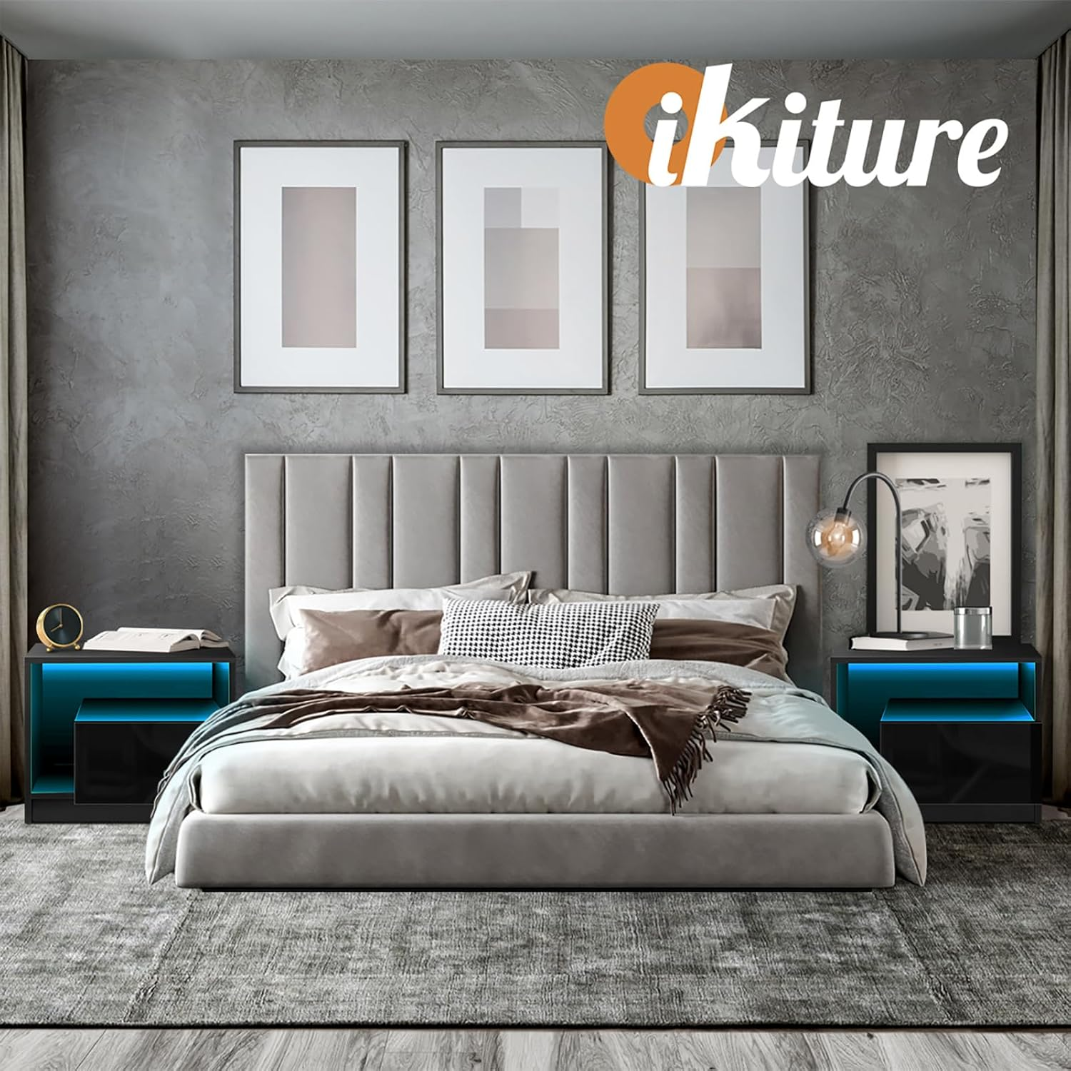 Oikiture LED Bedside Table High Gross Nightstand Drawer Home Furniture Black image number 4