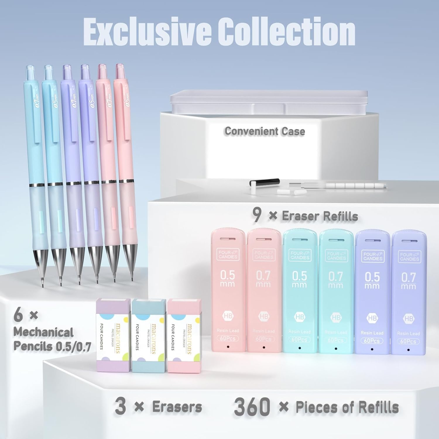 Four Candies Pastel Mechanical Pencil Set - 6PCS 0.5 Mm & 0.7Mm Pencils with 360PCS HB #2 Lead Refills, 3PCS Erasers and 9PCS Eraser Refills, Cute School Supplies Stuff for Student Writing Drawing image number 4