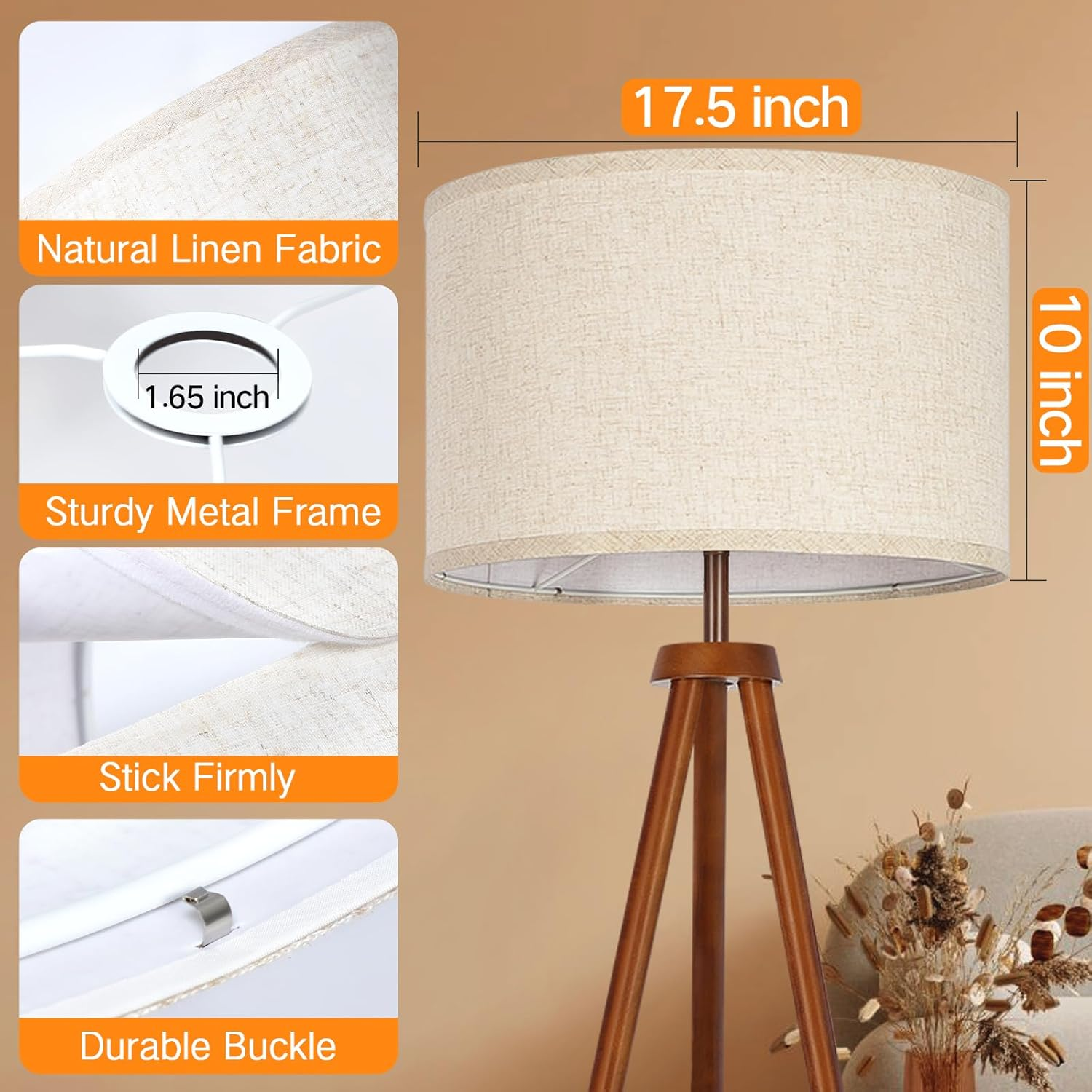 OUTON Beige Large Drum Lamp Shades for Floor Lamps, 17.5" Top X17.5 Bottom X 10" High, Easy to Assemble, Floor Lamps & Torchieres, Replacement Linen Lampshades for Bedside Lamp (1.65" Spider) - 17.5 Inch+Beige image number 5