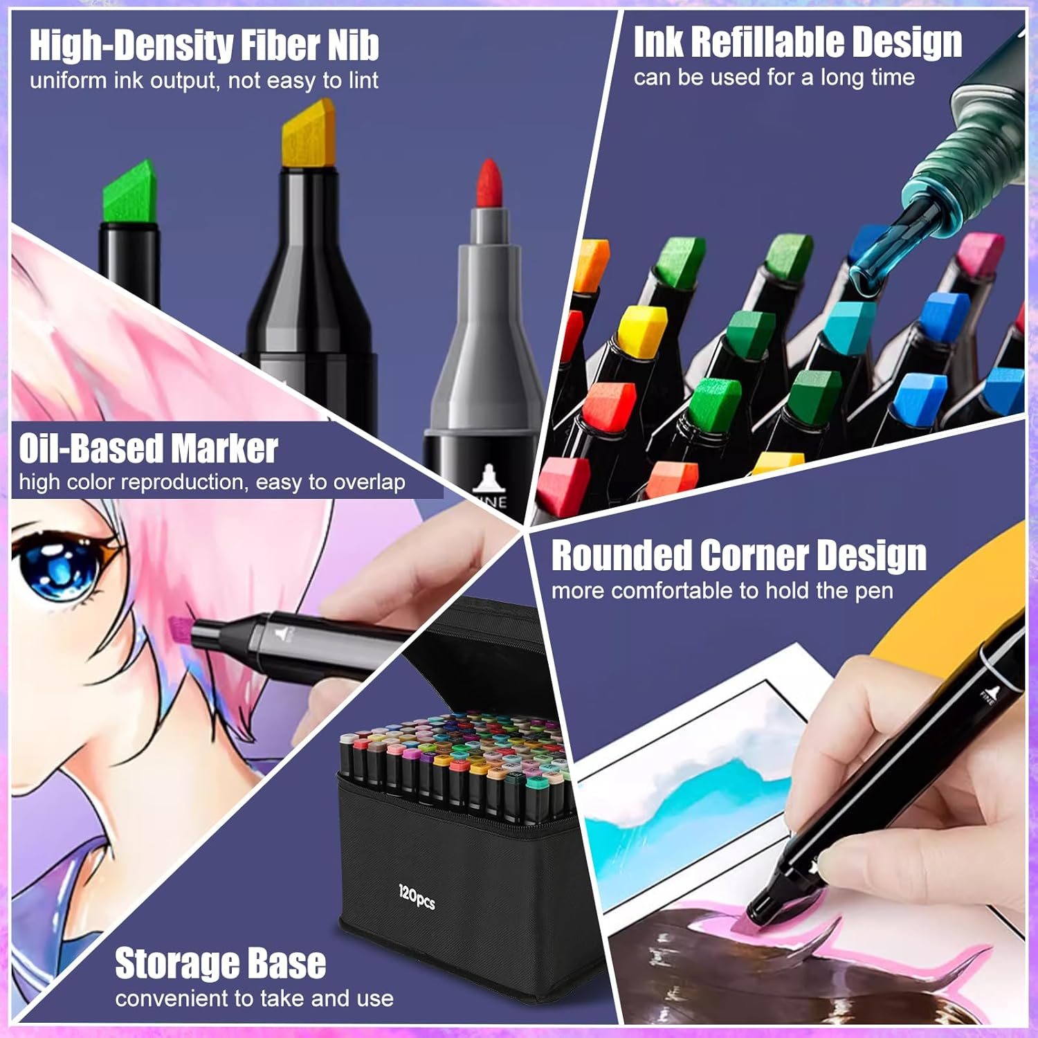 120 Colors Alcohol Markers Set, Coloring Markers for Adults and Kids, Touch Markers, Art Markers, with Carrying Bag and Stand Case, for Artists Adult Coloring Sketching Designing (120) image number 2