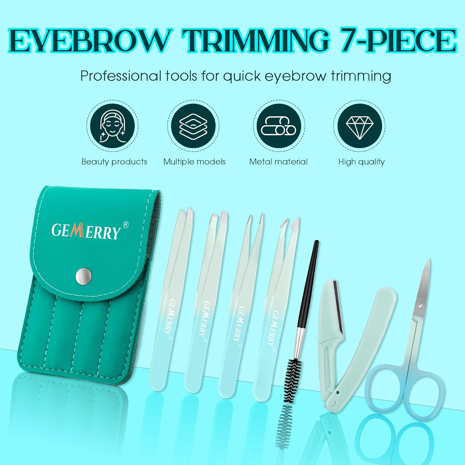 GEMERRY Tweezers Set 7Pcs for Facial Hair Women - Precision Tweezers Set with Travel Case - Stainless Steel Tweezers for Eyebrows with Scissors, Razor for Ingrown Hair (Blue) image number 1