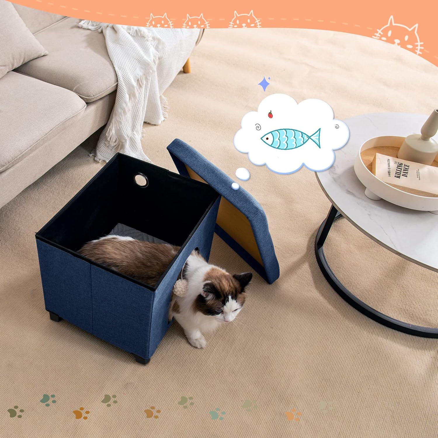 BRIAN & DANY Collapsible Cat Cave for Indoor Cats, Multifunctional Cube Cat House with Cat Scratch Board & Ball, 37X 31.8 X 36 Cm, Blue image number 4