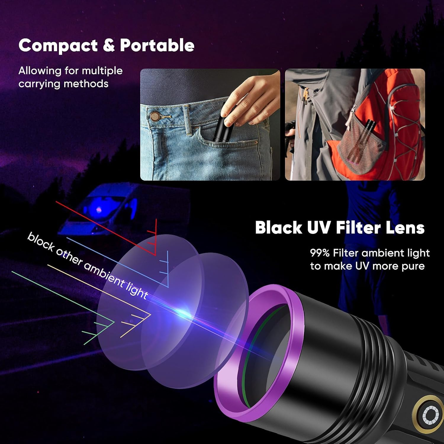 30W 365Nm UV Flashlight USB Rechargeable UV Light High Power Black Light Flashlight for Pet Urine Detection, Resin Curing, Minerals, Blood Tracking, Scorpion, Rockhounding,Yooperlites,A/C Leak Detect image number 4