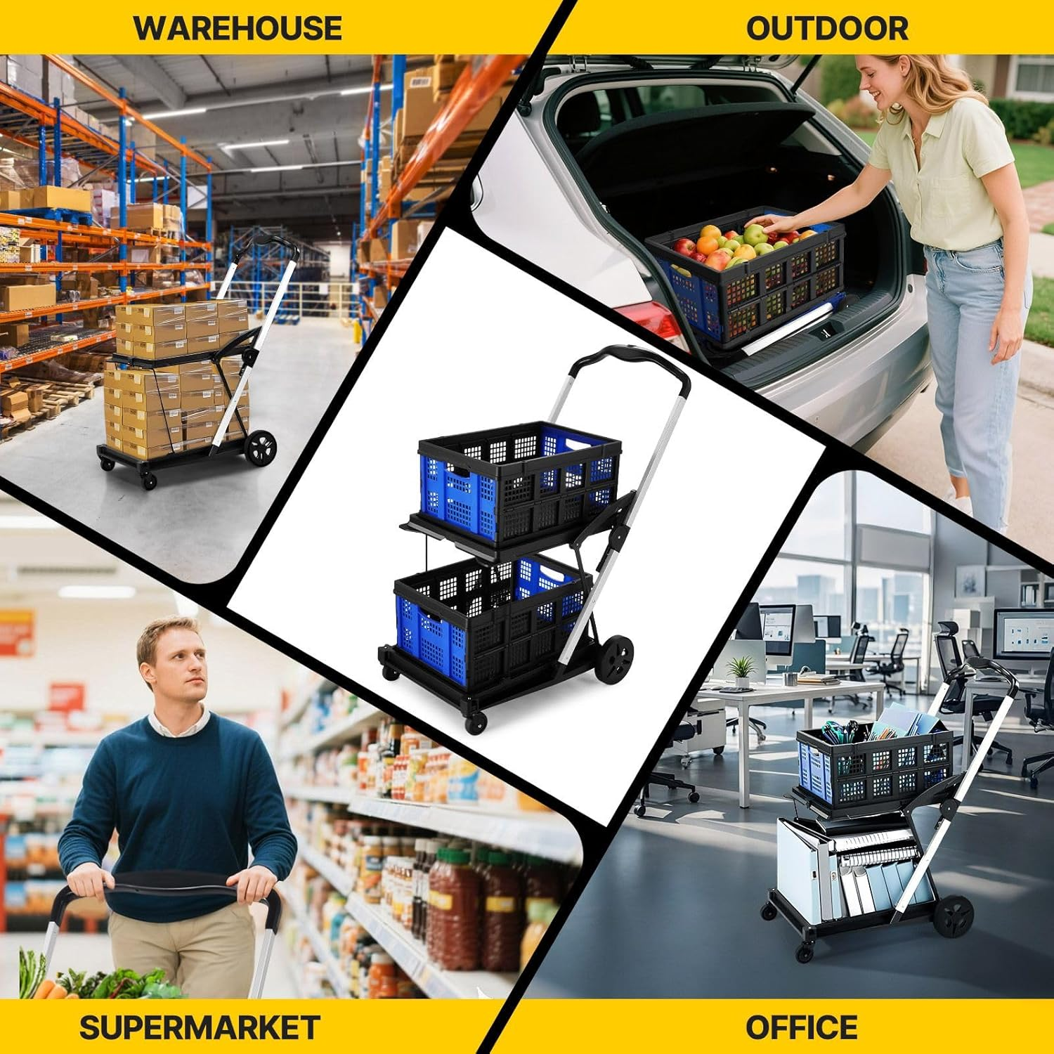 Shopping Cart with 2 Storage Crates Multi Use Two Tier Collapsible Cart with 360&deg; Rolling Swivel Wheels Folding Trolley for Shopping Picnic and Office image number 5