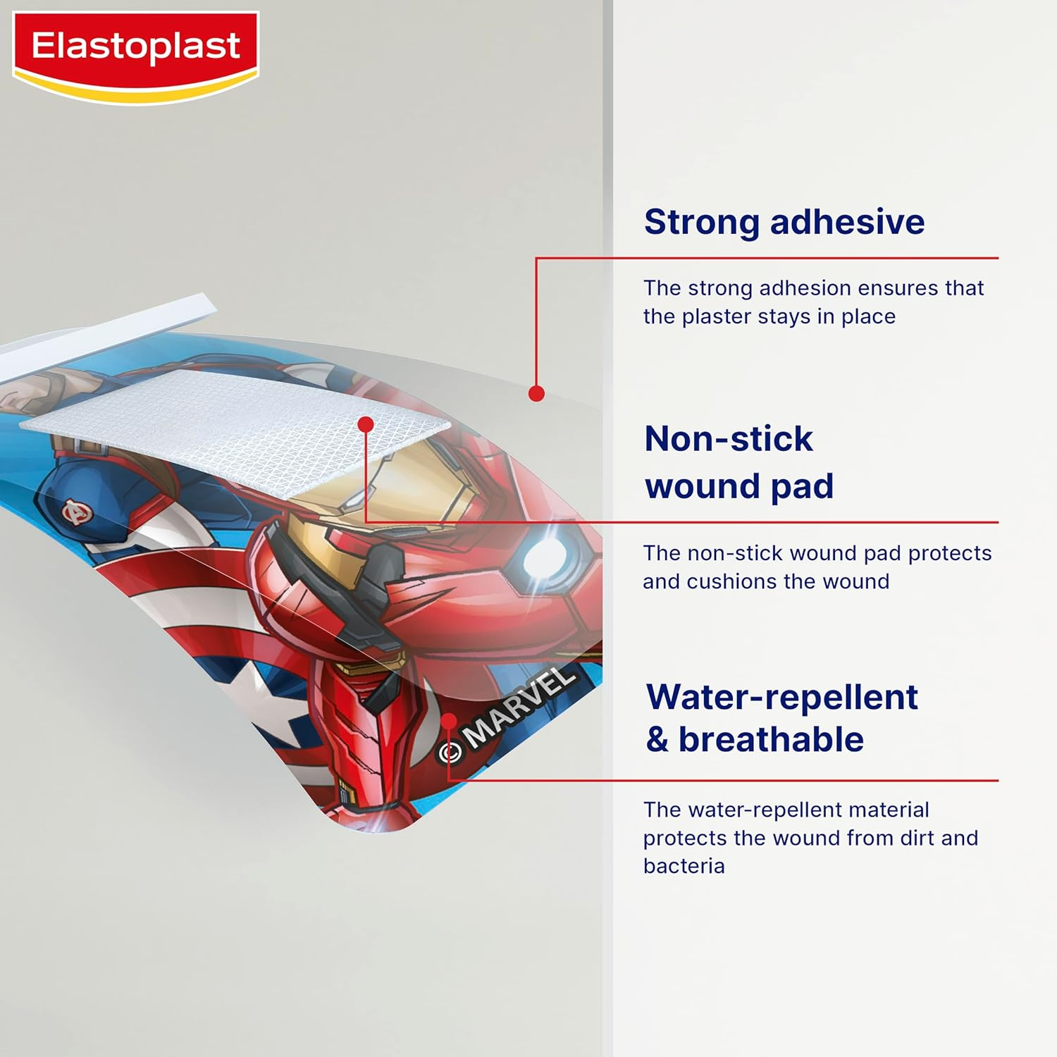 Elastoplast Kids Marvel Plasters (20 Pack) | Superhero Character Designs | Assorted Sizes | Safe for Children'S Sensitive Skin | Water-Resistant Material | Easy Removal | Protects Cuts from Infection image number 5