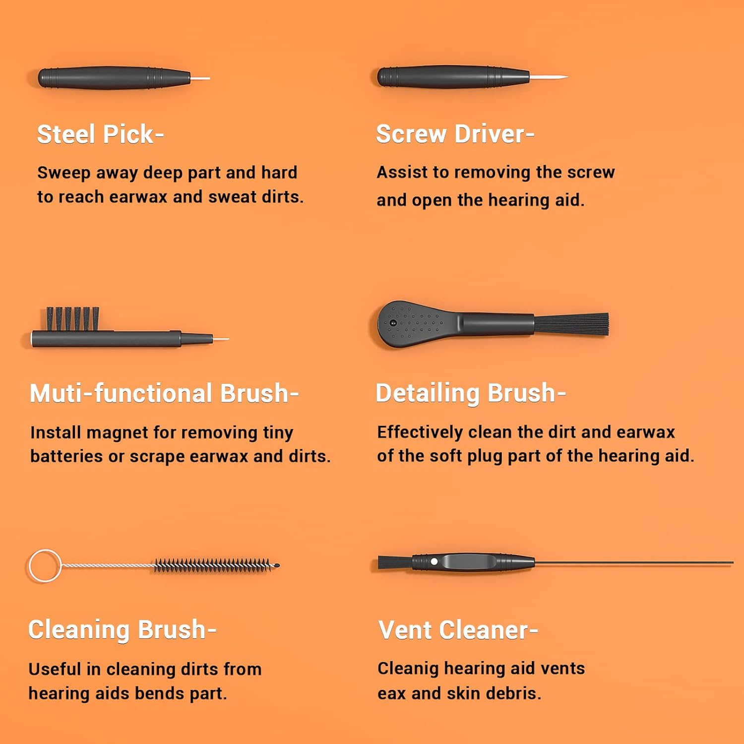 58-Piece Hearing Aid Cleaning Kit with Storage Box, Includes Hearing Aid Case, Steel Pick, Vent Cleaner, Screwdriver, Brush, Wax Loop, Magnet, Behind-The-Ear Fit, Easy Battery Access image number 4