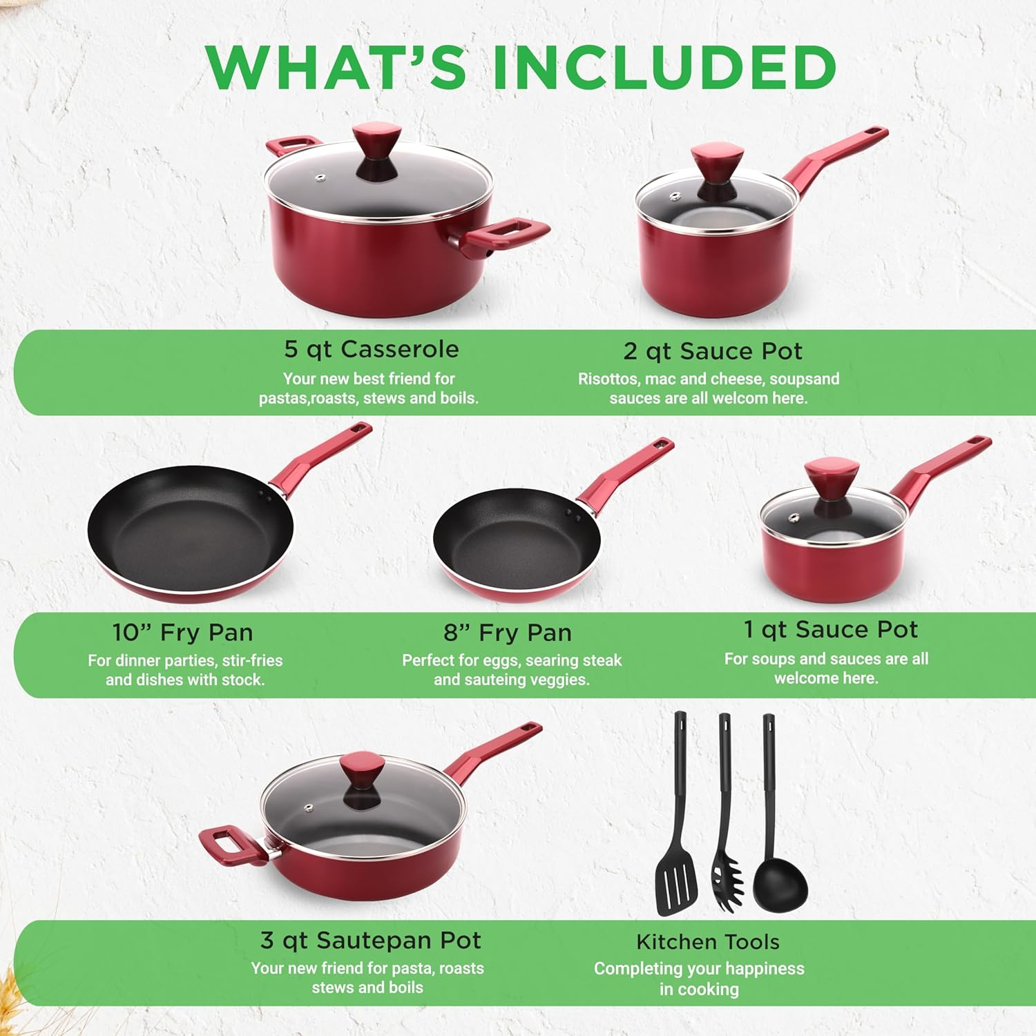 Nutrichef 13 Pcs. Nonstick Kitchen Cookware Pfoa-Free Heat Resistant Kitchenware Set W/Saucepan, Frying Pans, Cooking Pots, Casserole, Lids, & Utensils, Red image number 2