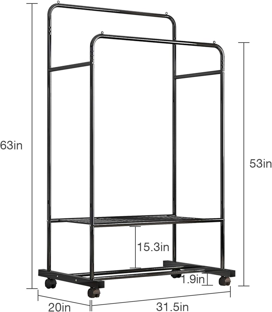 Untyo Clothing Rack with Wheels Double Rails Clothes Rack Rolling Rack for Indoor Bedroom Clothes Rack Max Load 110LBS Shelf on Wheels(Balck)
