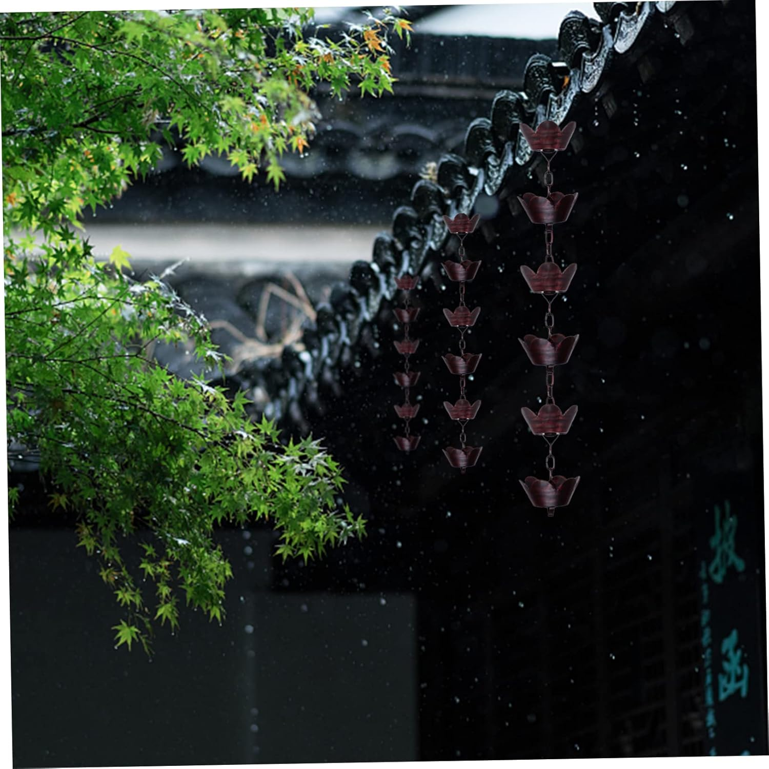 FONDOTIN 1M Metal Rain Chain Petal Design Elegant Chimes and Cups for Gutter Decoration for Garden Patio and Courtyard Creates Serene Ambiance Cascading image number 1