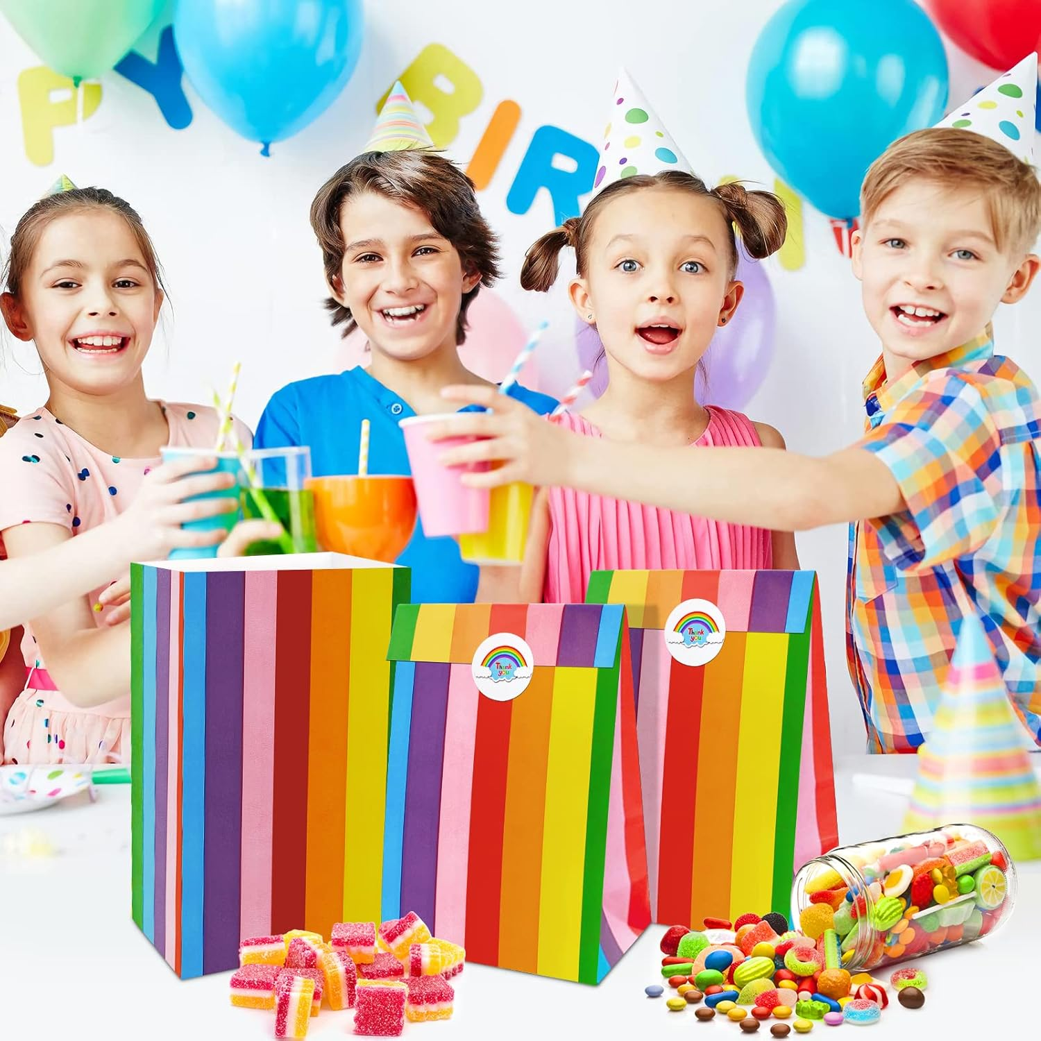 Party Favor Bags,Paper Party Bags,Rainbow Paper Bags with Stickers,Kraft Paper Loot Bags Candy Bags Wrapped Bags Treats Bags Goody Goodie Bags,Paper Gift Bags Small Gift Bags Bulk Multipack Wedding Gift Bags Gift Wrap Bags for Birthdays,Holiday,Mothers Day,Care Packages,May Day image number 3