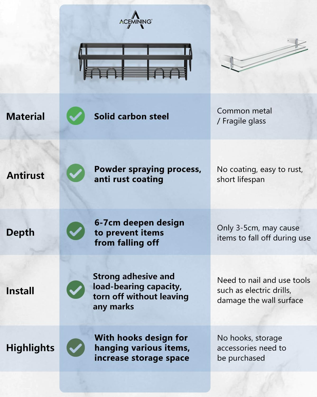Acemining Shower Shelf without Drilling, 3-Pack Shower Shelf, Black Bathroom Shelf for Self-Adhesive, Rustproof Shower Organiser, Shower Soap Holder, Bathroom Accessory image number 6