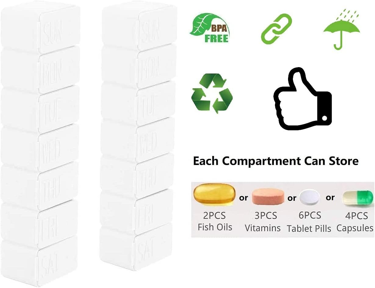 Weekly Pill Organizer, Portable 7 Day Pill Box, Travel Medicine Organiser, Compact Pill Case with Big Letters & Braille Symbol, Daily Pill Dispensers & Reminders for Vitamins, Fish Oils, Supplements (2 PCS Pocket Size, White) image number 2