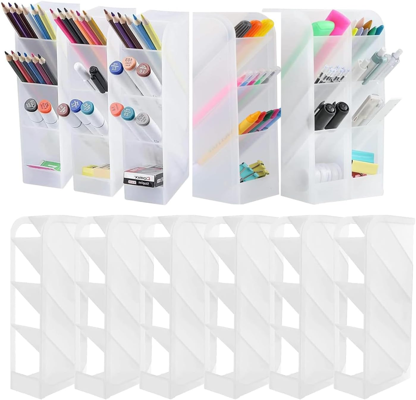 6 Pcs Pen Holder for Desk,Desk Organizer,4 Compartment Multifunctional Pen Storage Box,Pencil Case for Office,Storage,Makeup Brush Storage Box, School Supplies (Translucent White) image number 3