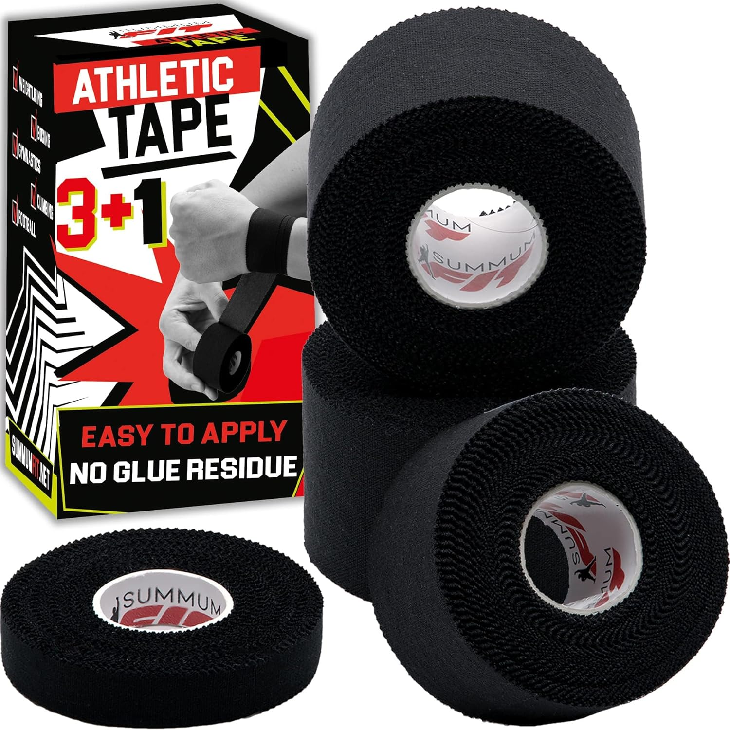 Athletic Tape Extremely Strong: 3 Rolls + 1 Finger Tape. Easy to Apply & No Sticky Residue. Sports Tape for Boxing, Football or Climbing. Enhance Wrist, Ankle & Hand Protection Now