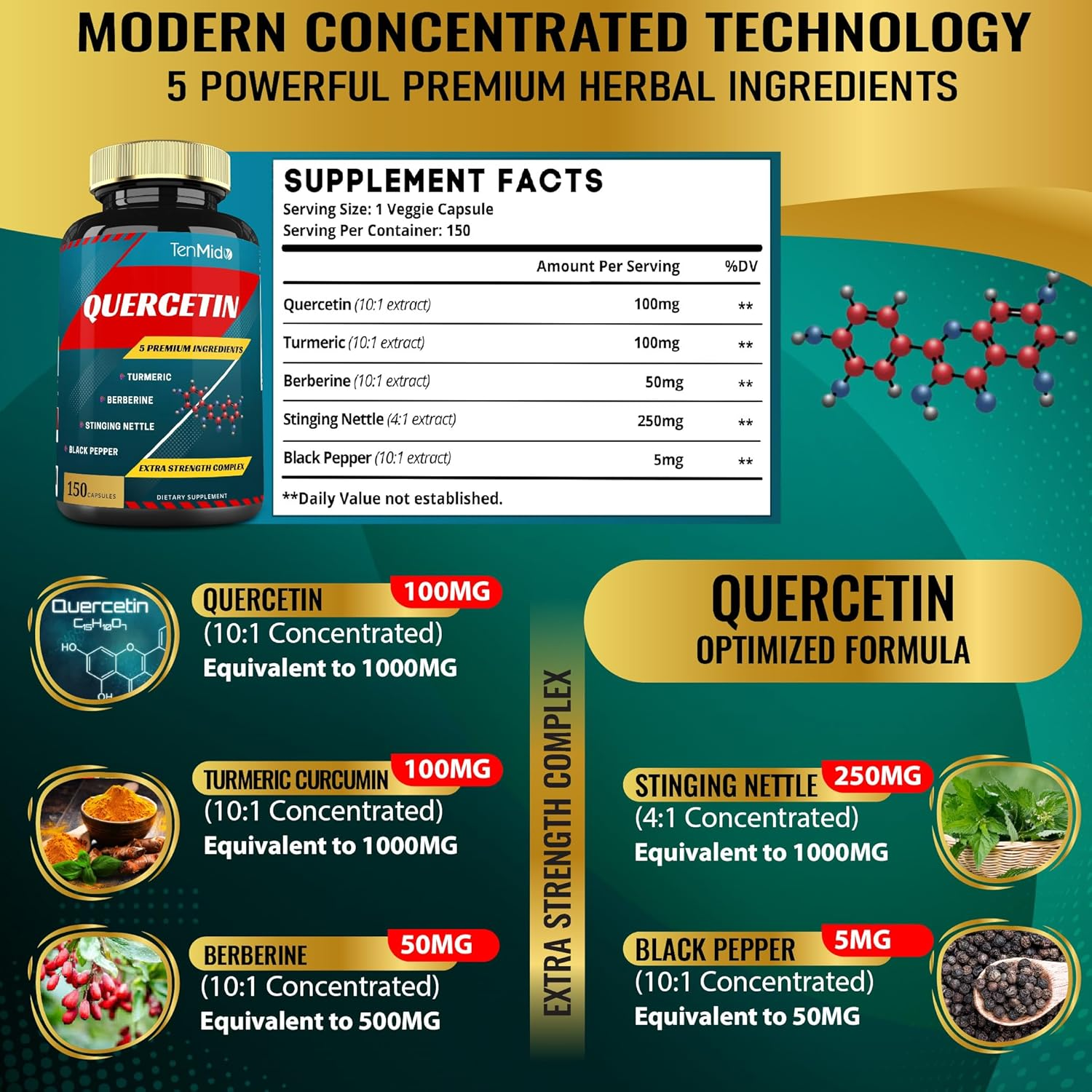 Quercetin Capsules 3550Mg, 5 Months Supply & Berberine, Stinging Nettle, Turmeric, Black Pepper | Promotes Cardiovascular, Respiratory Health, Supports Immune | Powerful Antioxidant, anti Inflammatory image number 1