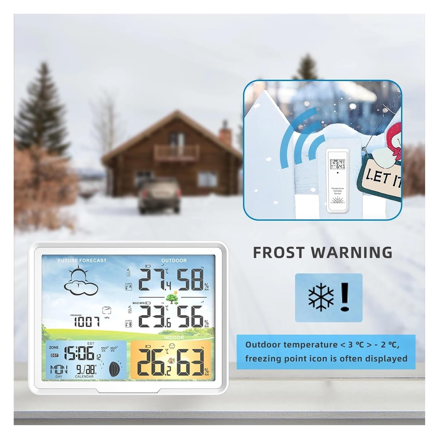 Wireless Weather Station 7" Colorful LCD Indoor Digital Thermometer Hygrometer Moon Phase Barometer Alarm Clock Forecast Sensor image number 3