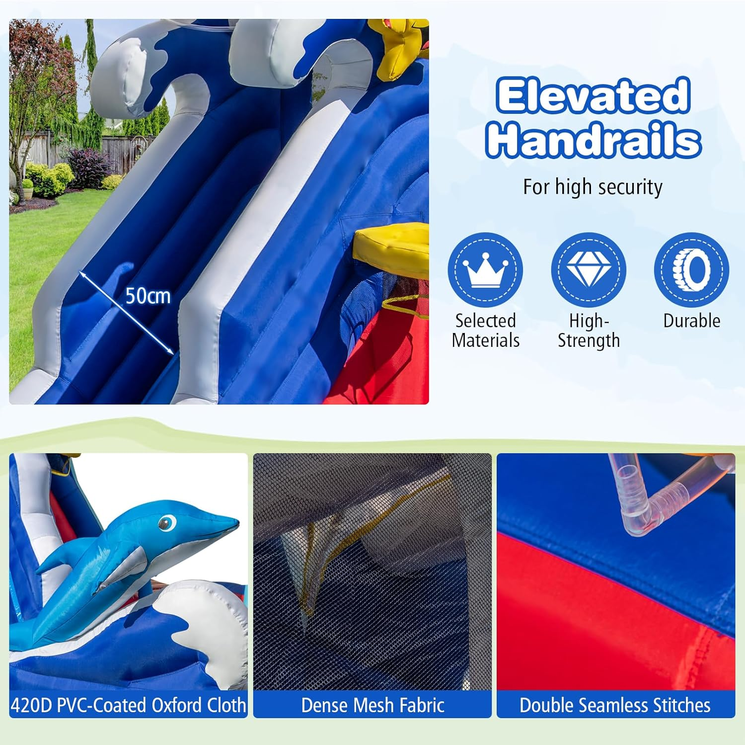 HONEY JOY Inflatable Water Slide, Dolphin Theme Kids Bounce House Water Park W/Long Slide, 2 Splash Pools, Climbing Wall, Water Gun, Basketball Rim, Ring-Toss, Outdoor Jumping Castle with 680W Blower image number 3