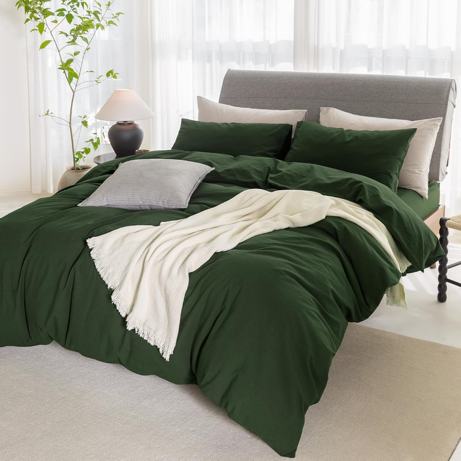 ELIMMO Duvet Cover Set Linen Texture 100% Cotton Fabric Durable Breathable Natural Dreamy Chic Feel (Forest Green, Queen) image number 5