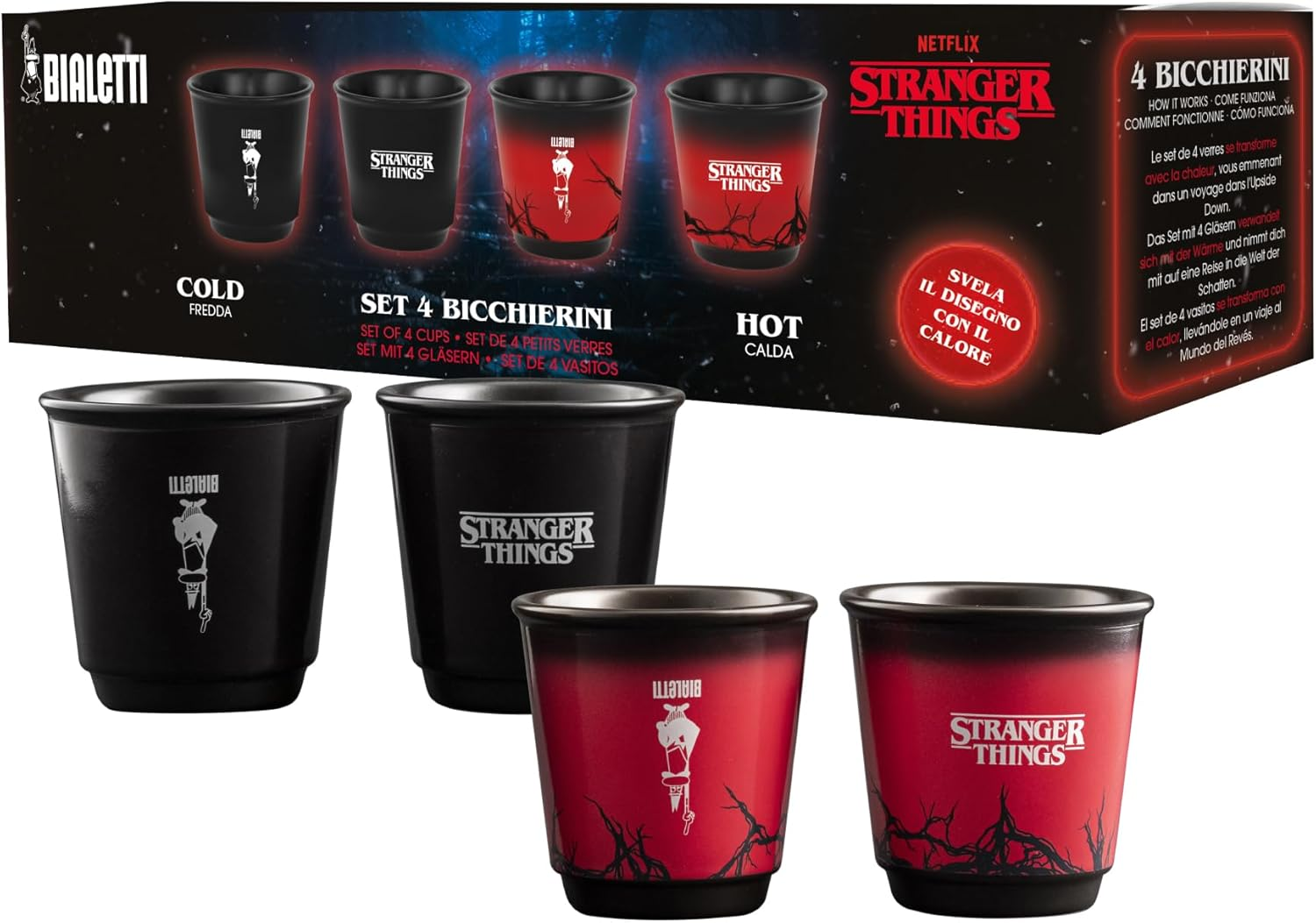 Bialetti Stranger Things Espresso Cups with Saucers - Thermosensitive Colour-Changing Design - Heat-Activated Colour Transformation - Not Dishwasher Safe - 80 Ml Capacity Each, Black (Set of 2)