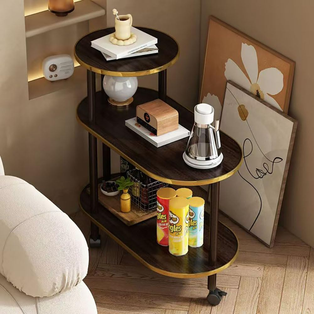 Hbluefat Modern End Table with Wheels, Rolling Sofa Side Table, 3-Tier Nightstand with Storage Shelves, Wood Bedside Table for Small Space, Living Room, Bedroom (Walnut Wood+Golden Edge) image number 6