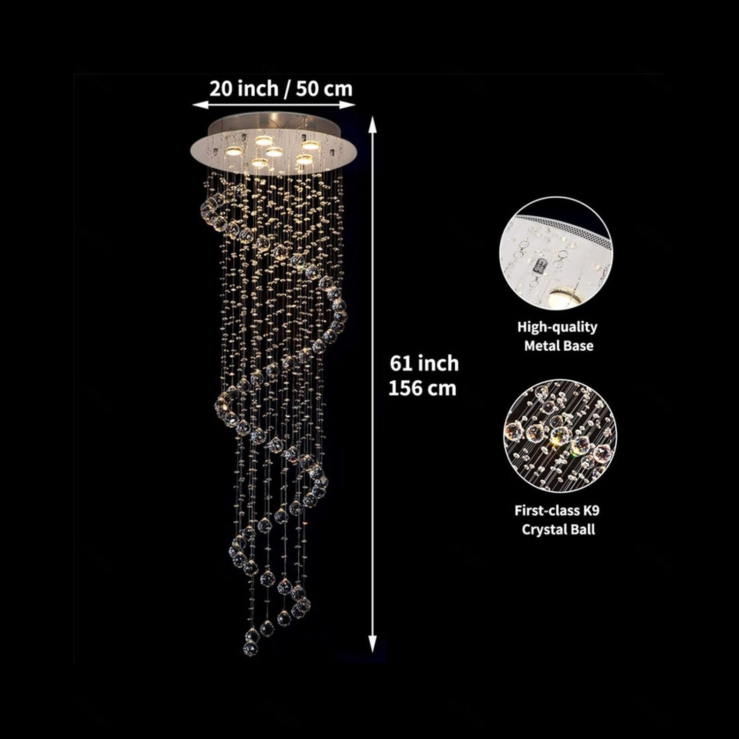 Modern Crystal Chandelier Lights, Clear K9 Crystal Raindrop LED Ceiling Light for Entryway High Ceilings Dining Room Hallway Stairway Foyer D50Cm,Silver image number 6