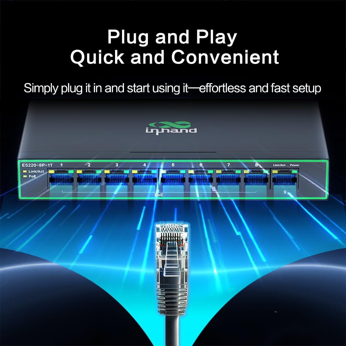 Inhand Networks Gigabit Ports Network Switch, 9 Gigabit Ports Ethernet Swtch with 8 Poe+ Ports Max.120W,Each Port up to 30W, Plug & Play, High Heat Dissipation Metal Case with AU Power Plug image number 4