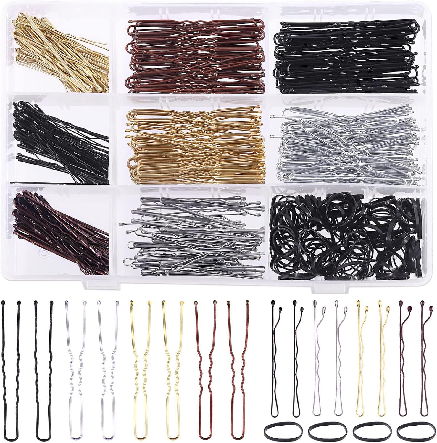 420 Piece Hair Pins Set, Metal Wavy Shape Hair Clips, Includes 160 Bobby Pins + 160 U-Hair Clips + 100 Rubber Bands, Hair Clips Set with Storage Box for Women Girls Hairdressing Salon