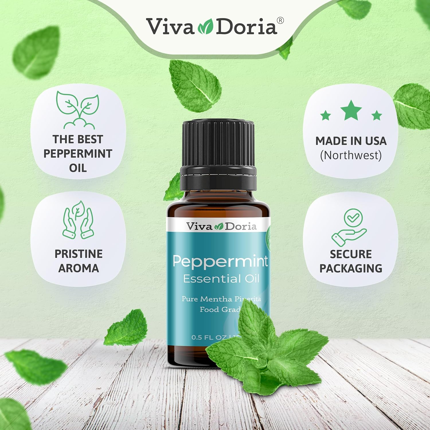 Viva Doria 100% Pure Northwest Peppermint Essential Oil, Undiluted, Food Grade, Steam Distilled, Made in USA, 15 Ml (0.5 Fluid Ounce) image number 1