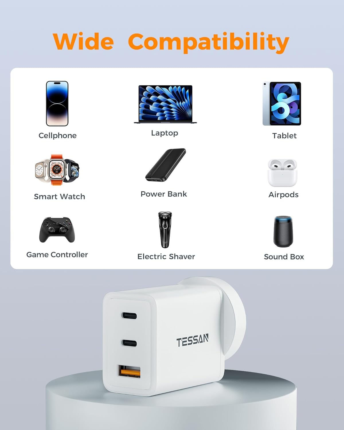 TESSAN 65W USB C Fast Charger, 3-Ports Fast Charging Block with Dual USB-C PD and 1 USB-A QC3.0(60W Max), Gan Power Adapter AU Plug Compatible for Iphone 16/15/14/13,Macbook Pro,Ipad,Samsung and More image number 4