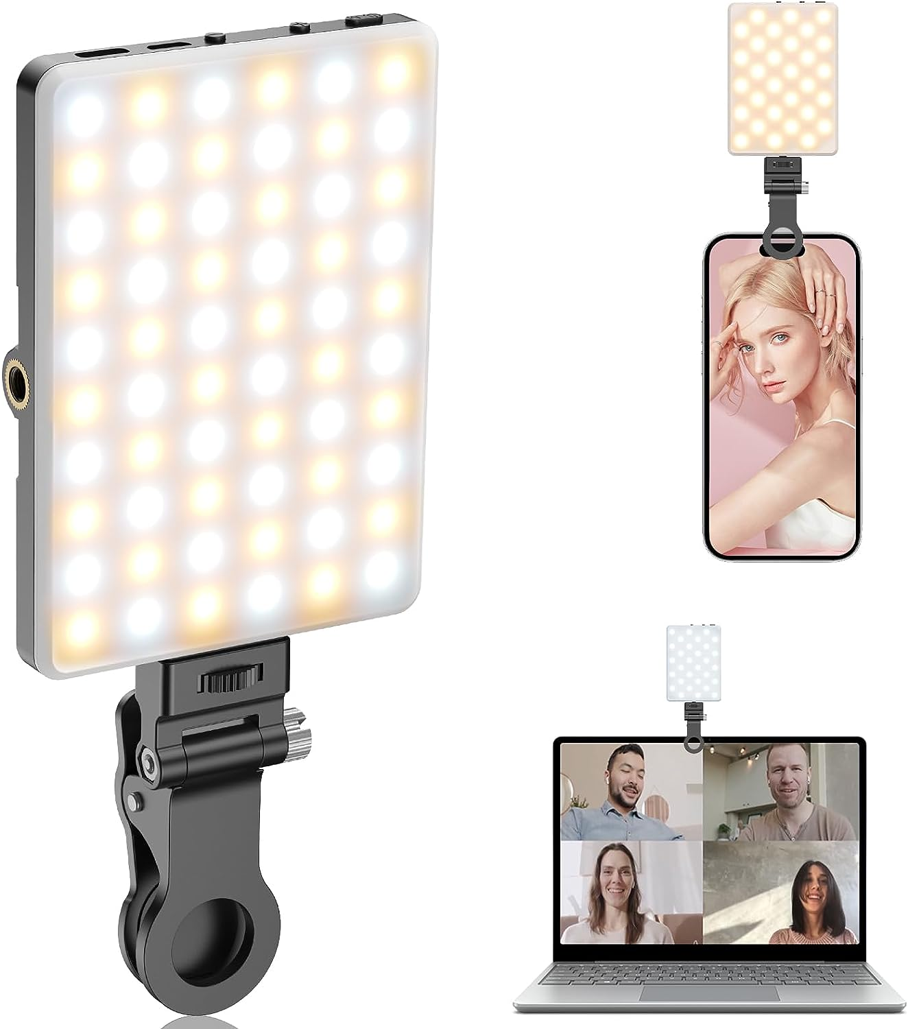 TONEOF Portable Selfie Light,Rechargable 60 LED Phone Light with Clip & Double 1/4" Screw Hole,3200K-6500K Dimmable Light for Iphone,Android,Laptop,Tablet,Selfie/Video Conference (Black, 60 LED) image number 2