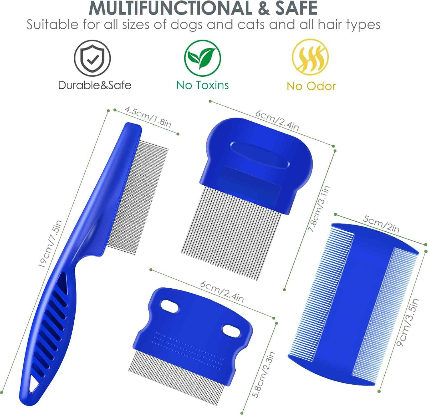 Brillirare 4 Pack Flea Lice Comb, Stainless Steel Dog Cat Grooming Combs with Rounded Teeth, Double Sided Professional Pet Tear Stain Remover, Dematting Tool for Small, Medium & Large Pets