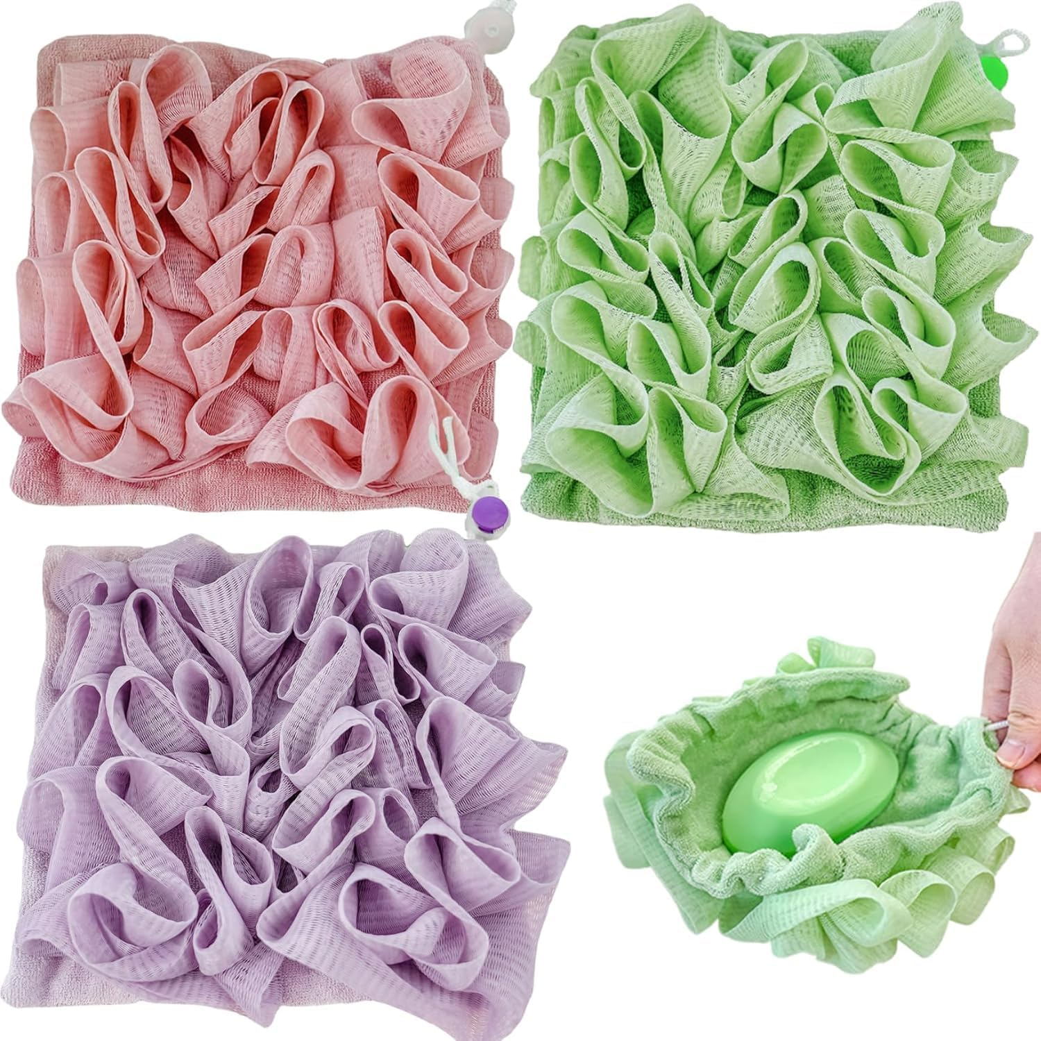 Soft Loofah and Washcloth, 3Pcs 2-In-1 Bath Loofah Sponge Loofah Washcloth,Washcloth Loofah Soap Combo,2-In-1 Shower Washcloth Loofah,Loofah and Washcloth 2-In-1 Bath Loofah Sponge Loofah Washcloth image number 3