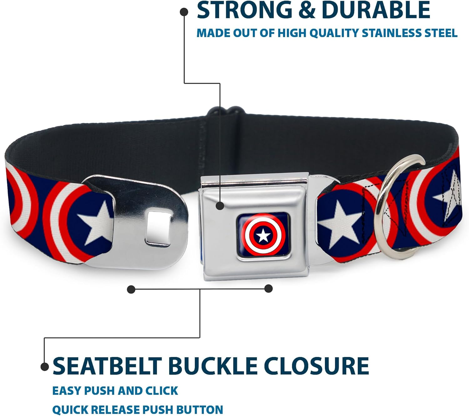 Buckle-Down Seatbelt Buckle Dog Collar - Captain America Shield Repeat Navy - 1" Wide - Fits 15-26" Neck - Large image number 3