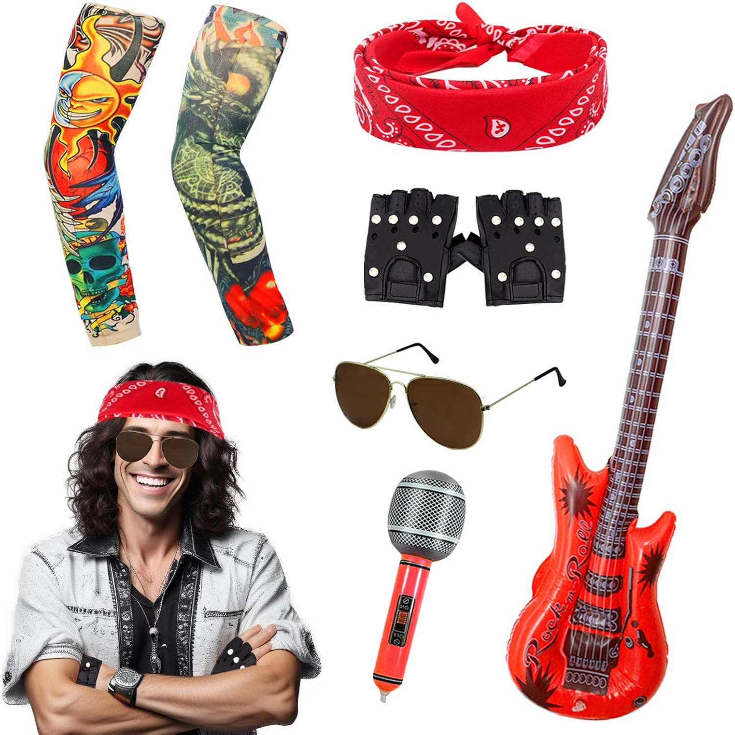 8Pcs Punk Gothic Rocker Costume Set, Rock Heavy Metal Accessories with Retro Sunglasses Gloves Bandana Fake Tattoo Sleeves Bracelet Inflatable Guitar for Women Men Halloween 80S Disco Party image number 1
