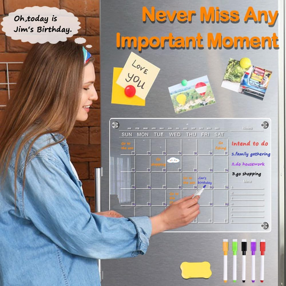 3Pcs Magnetic Acrylic Calendar for Fridge,Fridge Calendar Dry Erase Magnetic Planning Boards Acrylic Planner Monthly+Weekly Board+Memo Demos with 6 Markers+1 Erase(Clear) image number 1