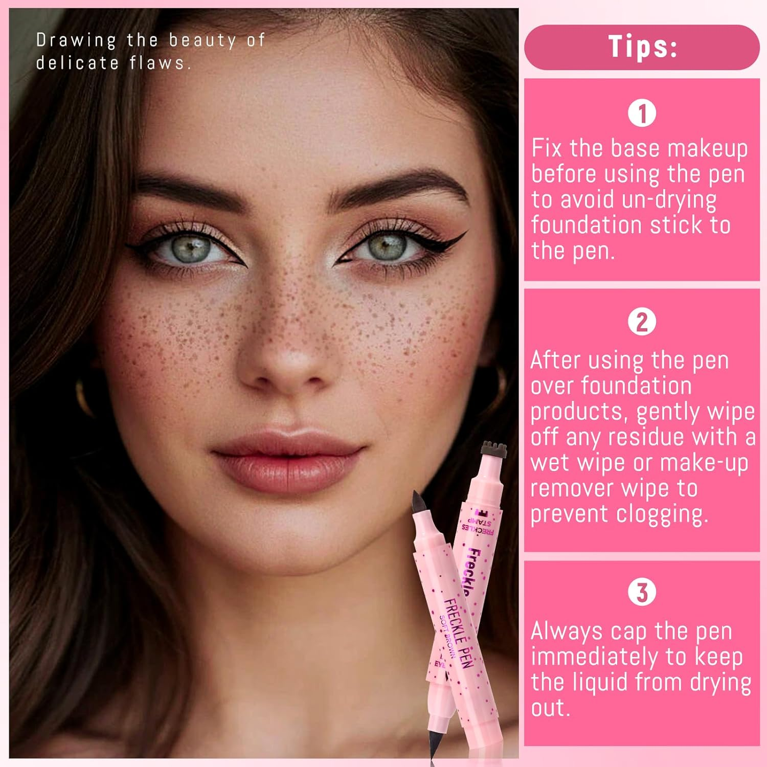 Noerrors 2 Colour Freckle Stamp Pen for Natural Lifelike False Freckles, 2 in 1 Dark Brown Freckle Stamp Eyeliner Light Brown Soft Dot Pen Sun-Kissed Makeup image number 6