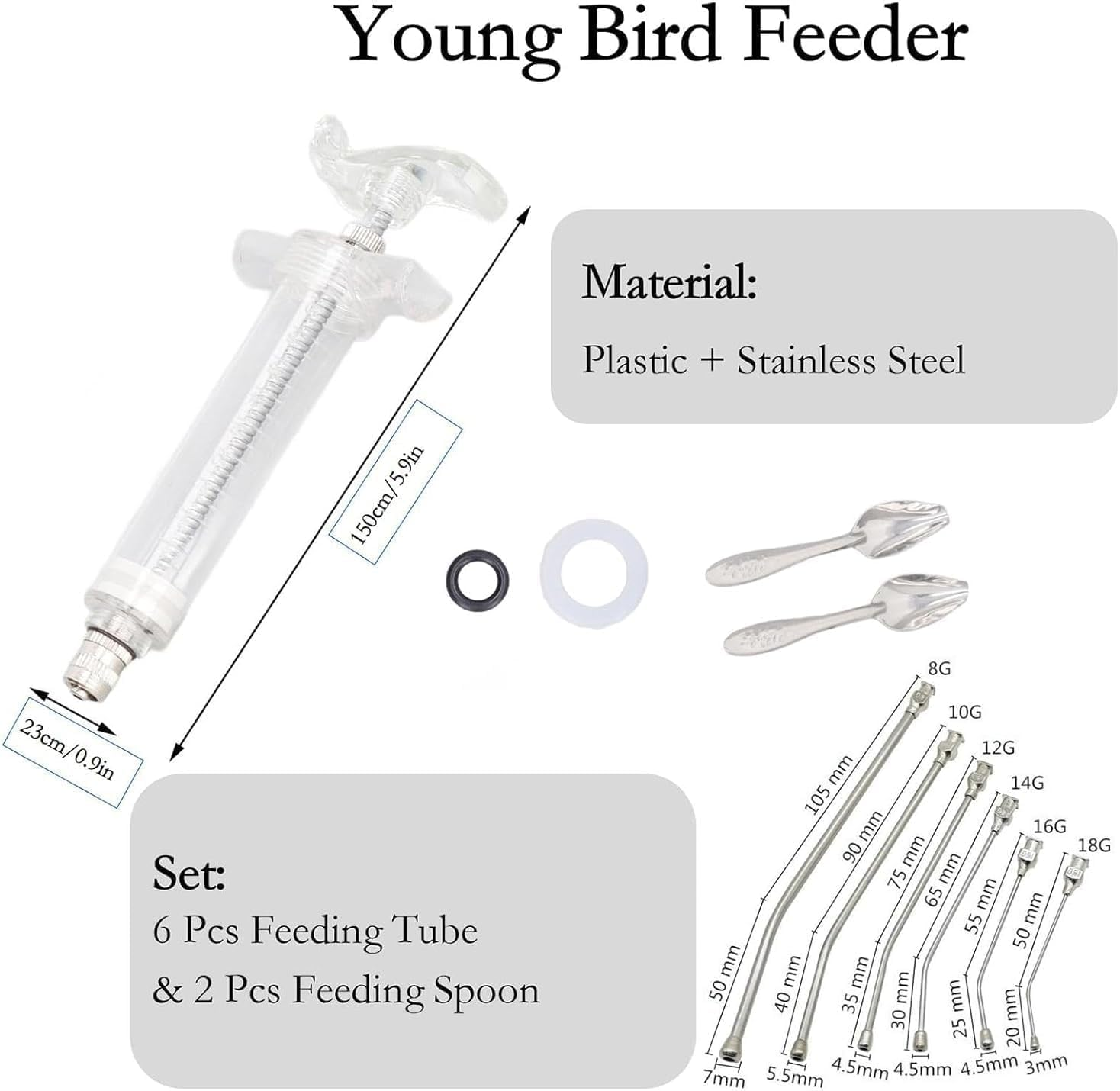 Manual Feeding Syringe Set Feeding Tubes with Curved Gavage Tubes and Stainless Steel Metal Feeding Spoon for Baby Birds Parrot Small Pet