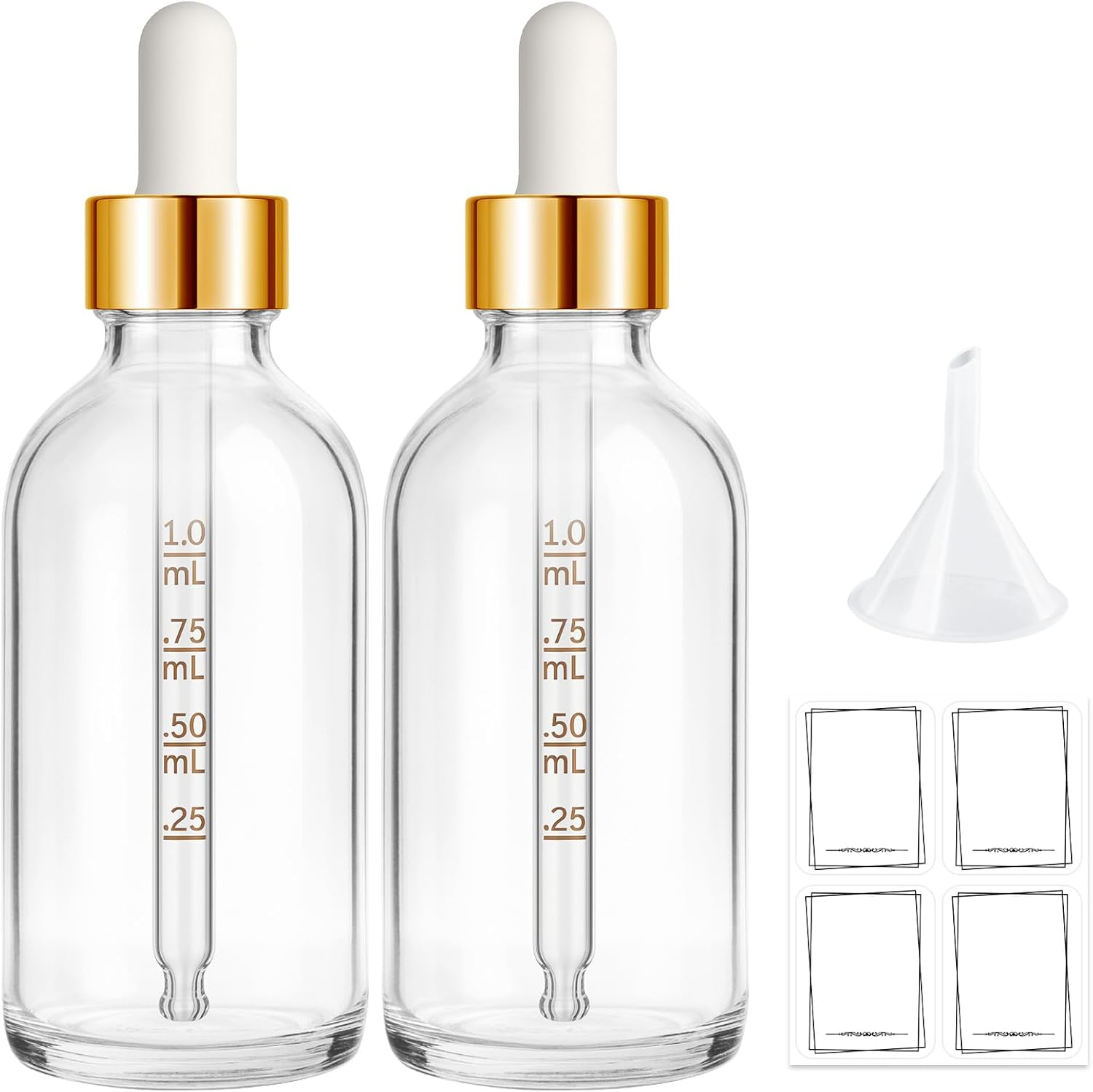 Bumobum Dropper Bottle 2 Oz, 2 Pack Amber Glass Eye Dropper Bottles with Golden Cap, Labels and Funnel, Tincture Bottle with Measured Cosmetic Dropper - Leakproof Essential Oils Bottles