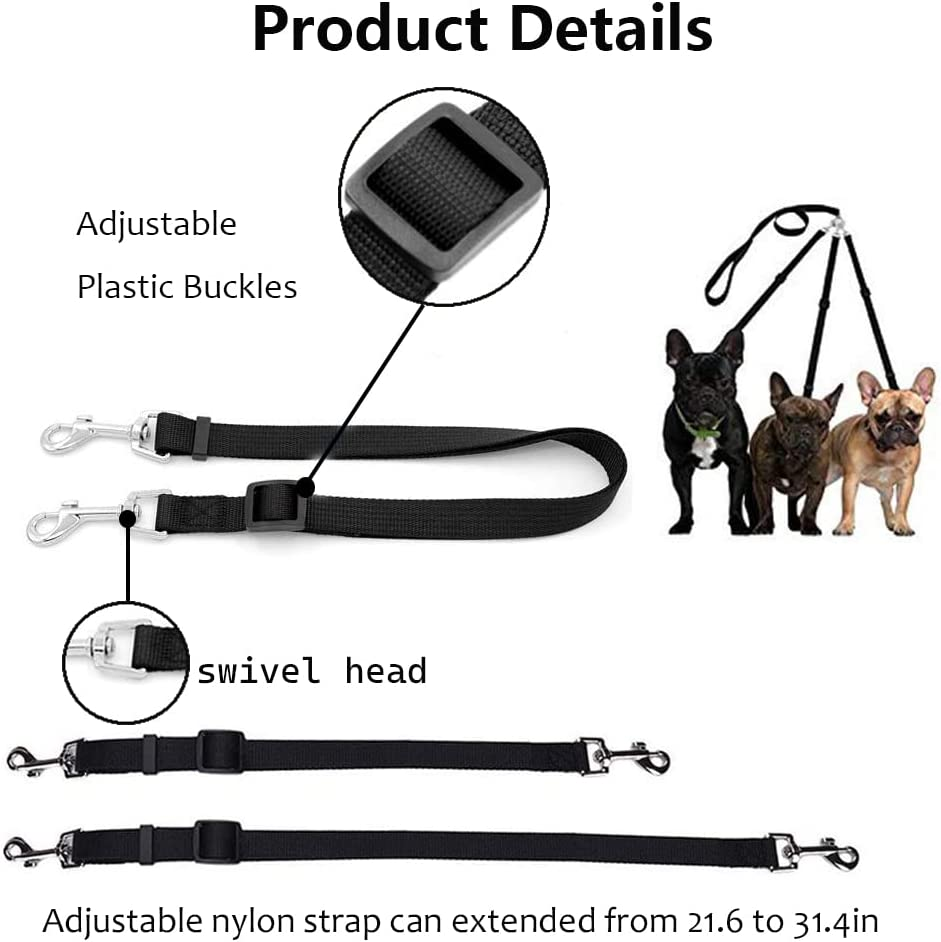 ASOCEA 3 in 1 Dog Leash Coupler Adjustable Detachable Nylon Three Way Dog Leash for One/Two/Three Dog Cats Pet image number 4