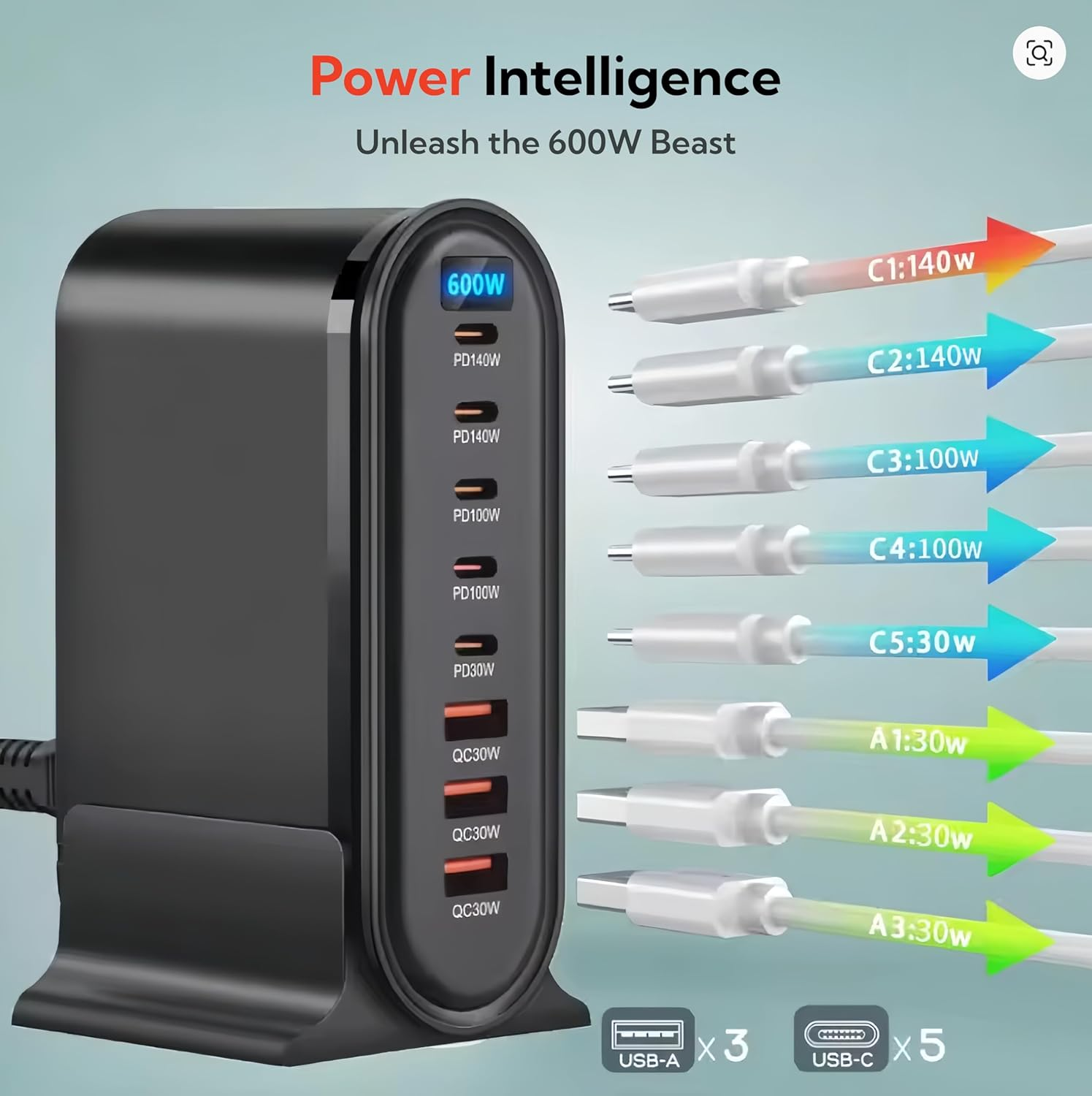 600W USB C Fast Charger Block,8 Port USB Charging Station,Gan III Fast Charging Station Hub,Pd 3.1 140W Laptop Charger Adapter Compatible with Macbook DELL Iphone Galaxy image number 3